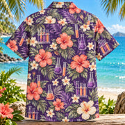 Back view of Test Tube Bloom Chemistry Hawaiian Shirt with matching artwork in purple, coral, cream