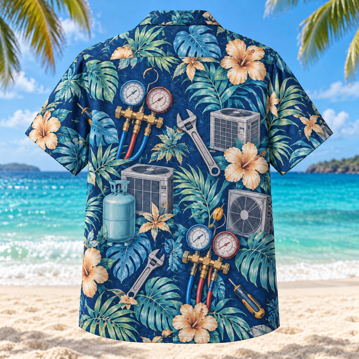 Back view of Thermometer HVAC Hawaiian Shirt with matching artwork in indigo, aqua, tan