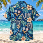 Back view of Thermometer HVAC Hawaiian Shirt with matching artwork in indigo, aqua, tan