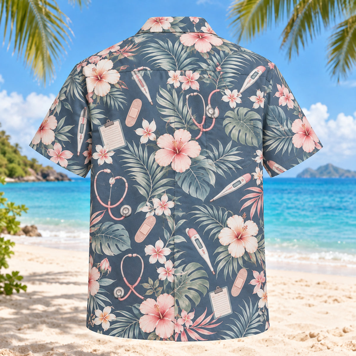 Back view of Thermometer Nurse Hawaiian Shirt with matching artwork in slate, blush, ivory