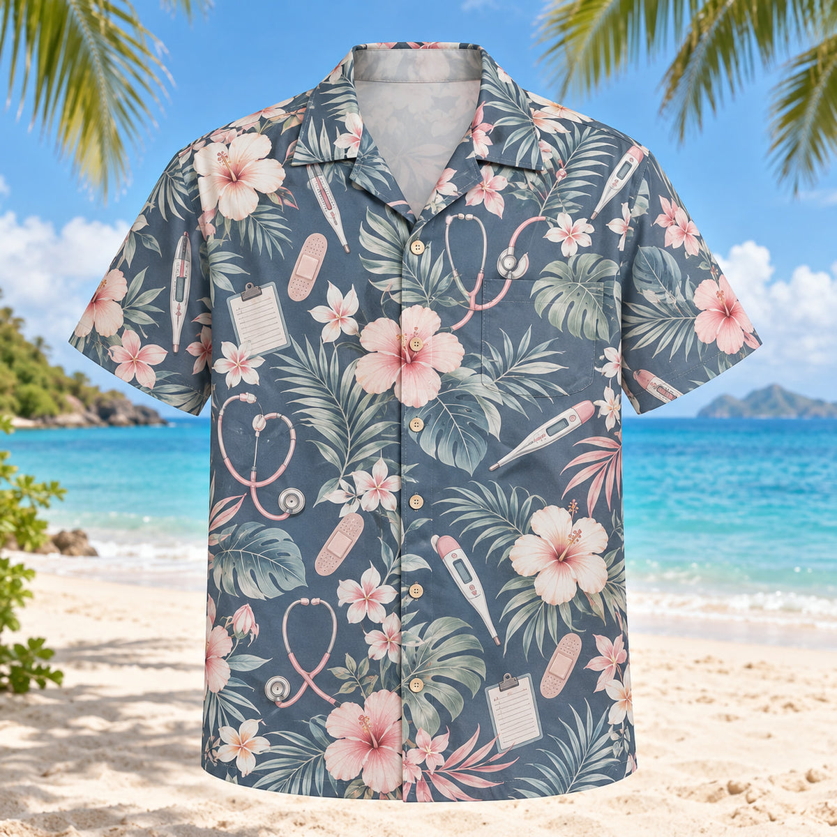 Front view of Thermometer Nurse Hawaiian Shirt with original thermometer motifs, with tropical botanical accents; no text or branded equipment