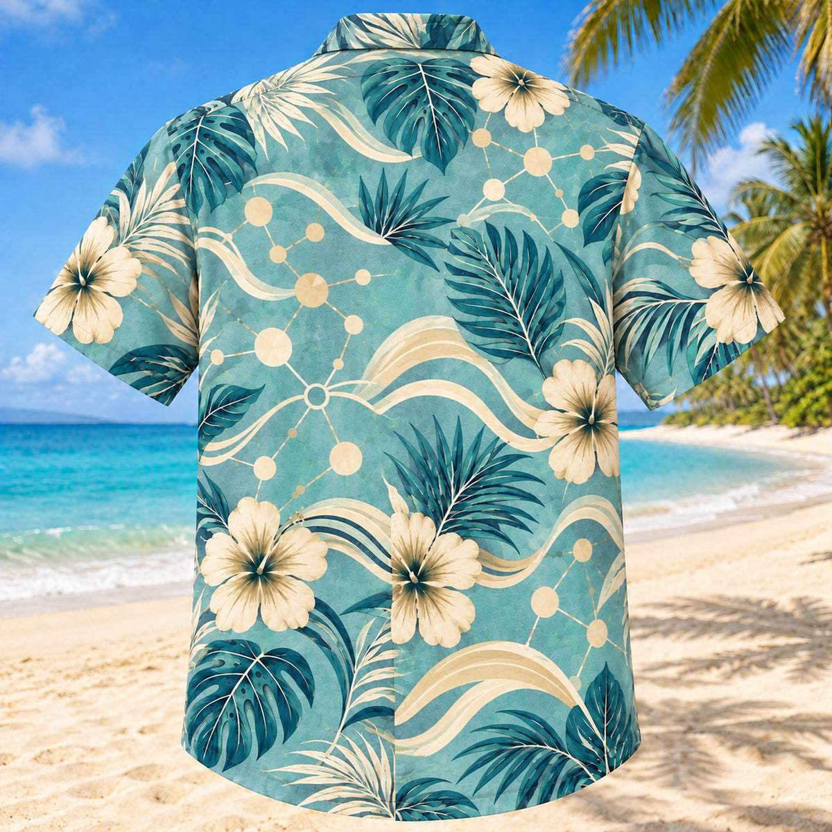 Back view of Thought Wave Aqua Sand Clinical Psychologist Hawaiian Shirt on a Hawaiian beach with fine white or light yellow sand and no dark rocks