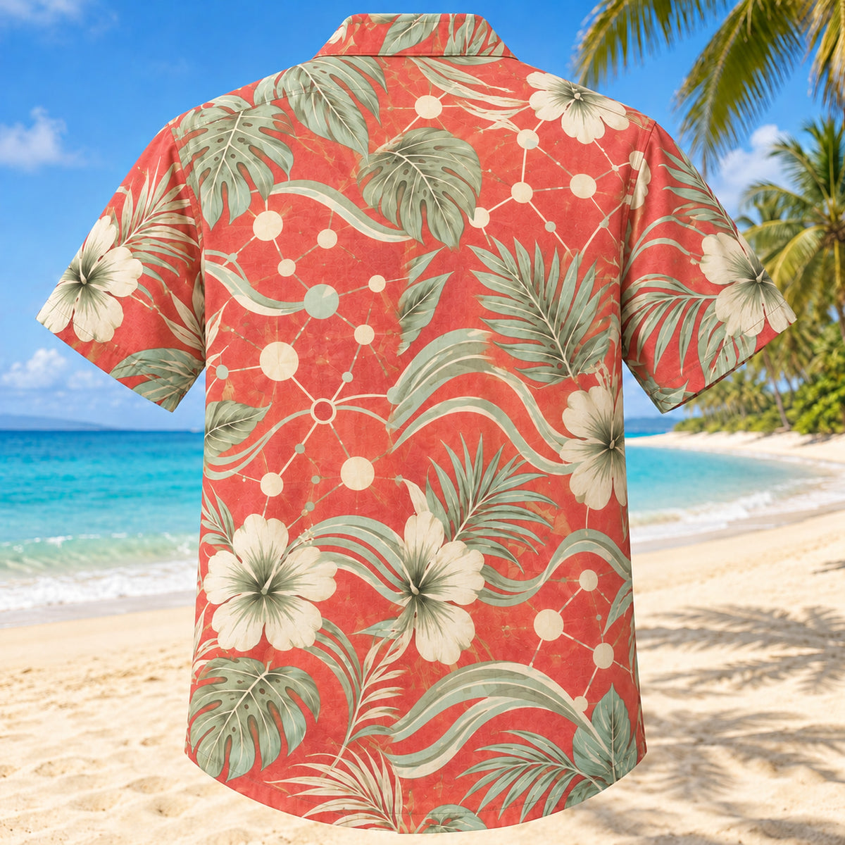 Back view of Thought Wave Coral Sage Clinical Psychologist Hawaiian Shirt with matching artwork in soft coral, sage, cream