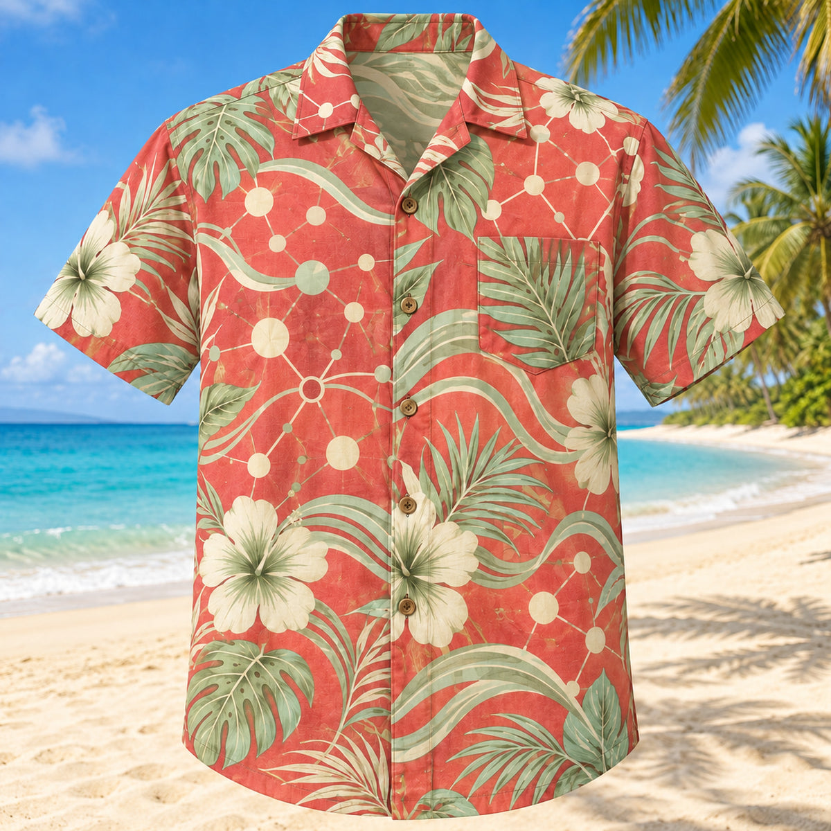 Front view of Thought Wave Coral Sage Clinical Psychologist Hawaiian Shirt with original original abstract thought nodes, soft wave arcs and tropical leaves