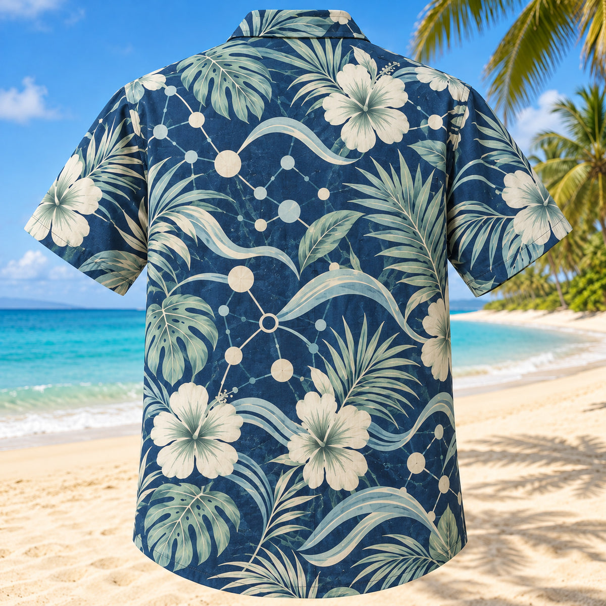 Back view of Thought Wave Navy Cream Clinical Psychologist Hawaiian Shirt with matching artwork in navy, warm ivory, pale seafoam
