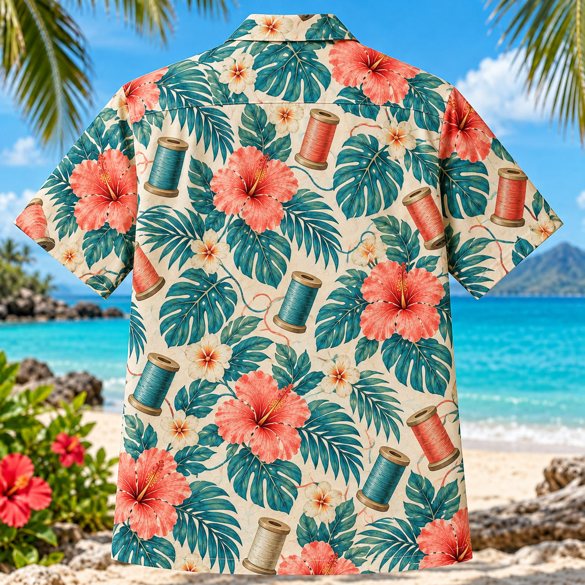 Back view of Thread Spool Hibiscus Sewing and Quilting Hawaiian Shirt with matching artwork in coral, teal, cream