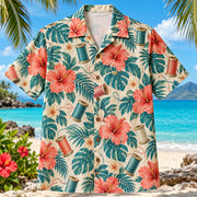 Front view of Thread Spool Hibiscus Sewing and Quilting Hawaiian Shirt with generic thread spools among hibiscus