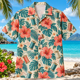 Thread Spool Hibiscus Sewing and Quilting Hawaiian Shirt