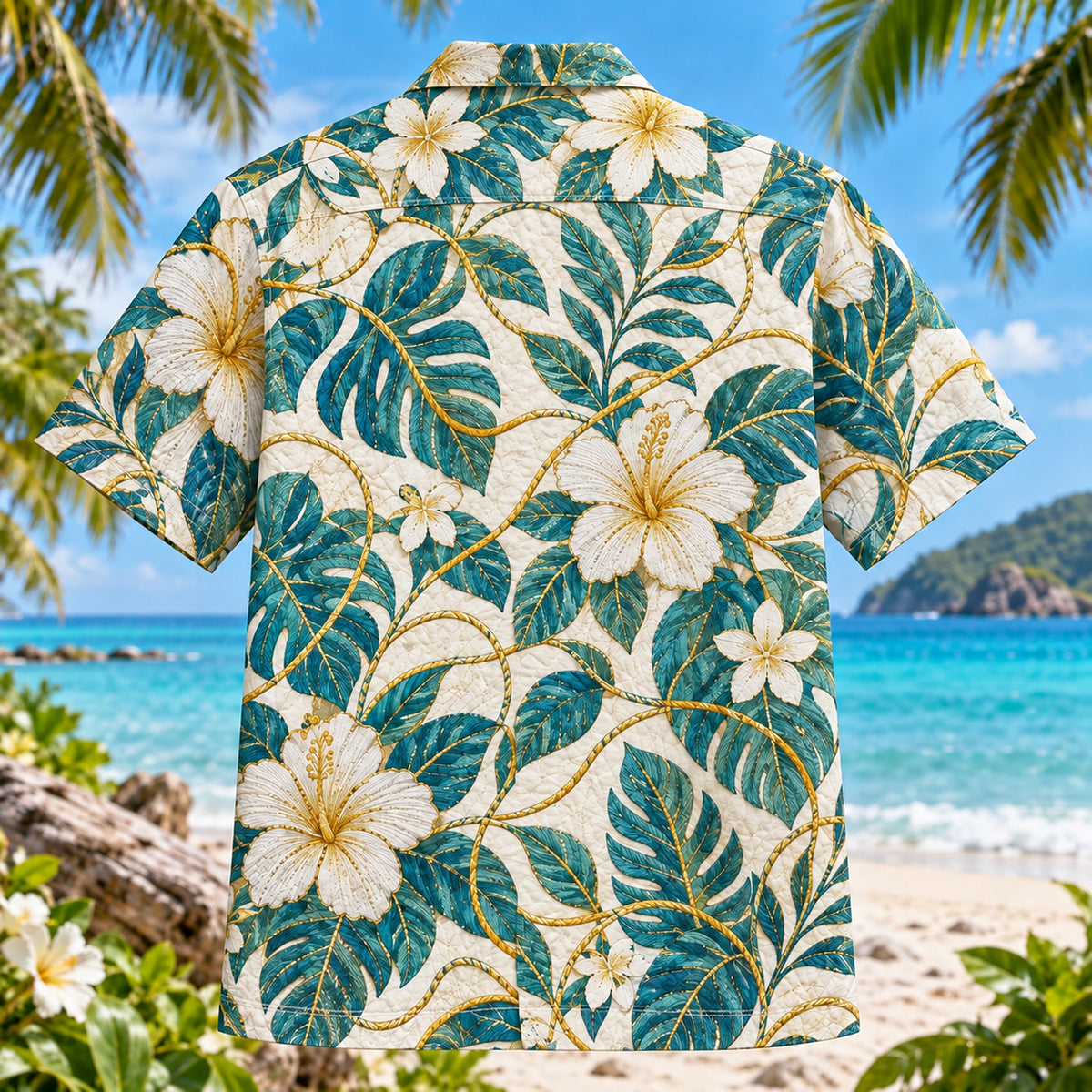 Back view of Thread Vines Sewing and Quilting Hawaiian Shirt with matching artwork in teal, gold, white