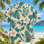 Back view of Thread Vines Sewing and Quilting Hawaiian Shirt with matching artwork in teal, gold, white