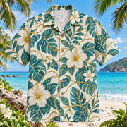 Front view of Thread Vines Sewing and Quilting Hawaiian Shirt with thread lines weaving through tropical vines
