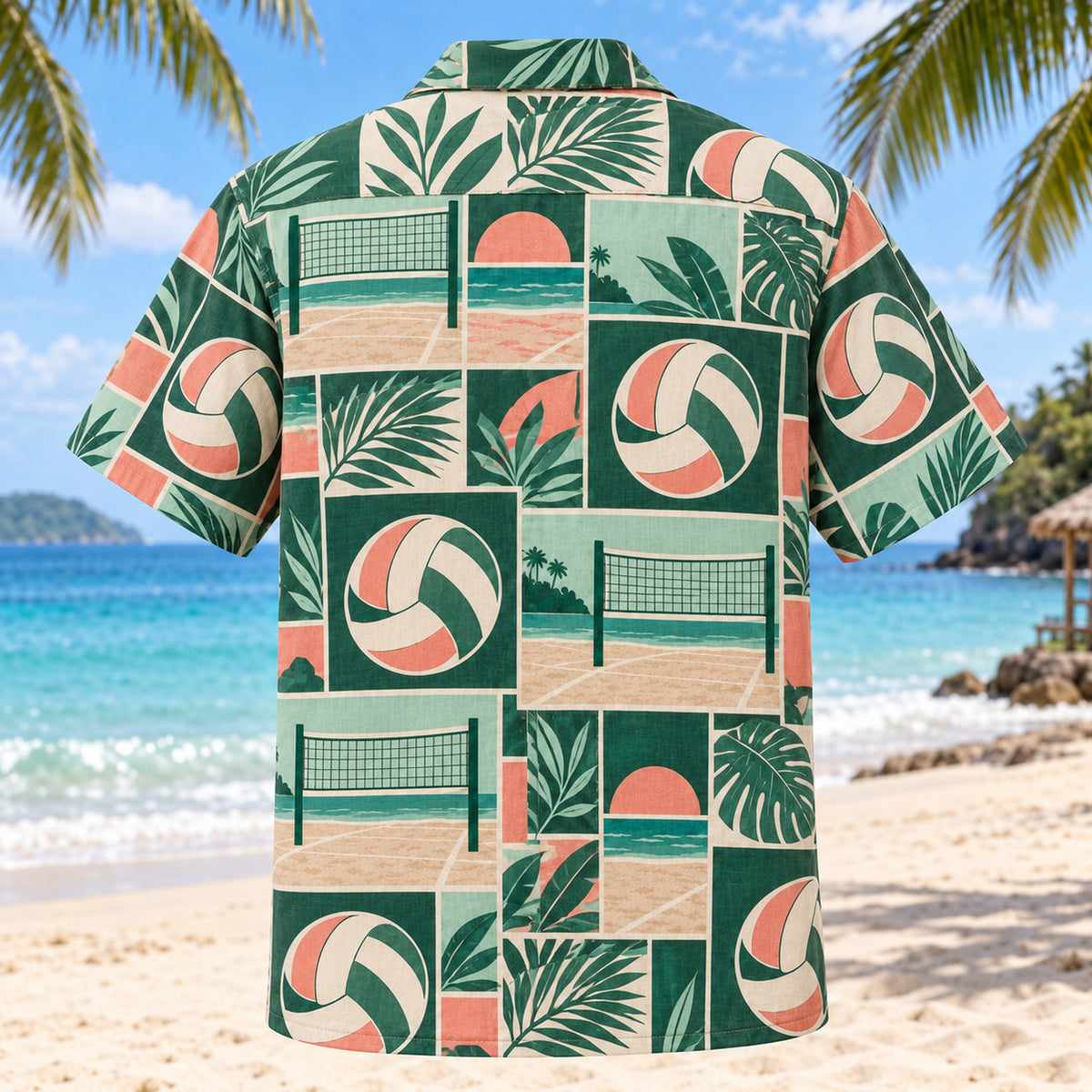 Back view of Tile Mosaic Beach Volleyball Hawaiian Shirt with matching beach volleyball artwork in deep green, mint, coral, ivory