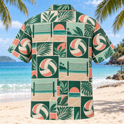 Back view of Tile Mosaic Beach Volleyball Hawaiian Shirt with matching beach volleyball artwork in deep green, mint, coral, ivory