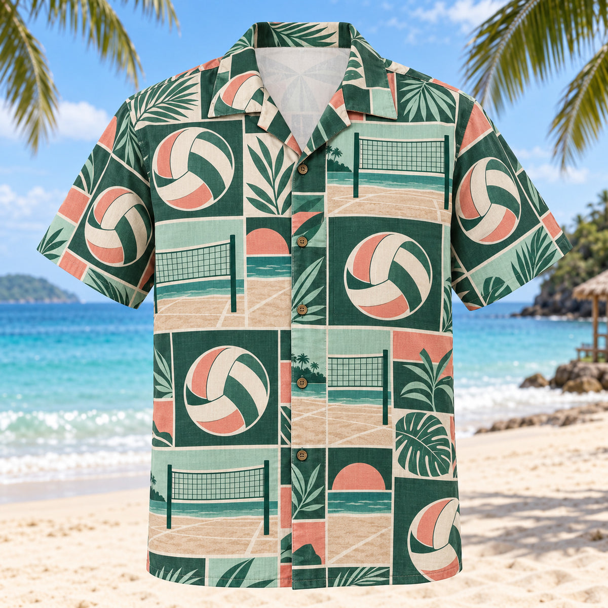 Front view of Tile Mosaic Beach Volleyball Hawaiian Shirt with structured geometric tiles alternating generic paneled volleyballs, beach volleyball nets and sand-court lines and minimal leaves