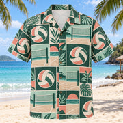 Front view of Tile Mosaic Beach Volleyball Hawaiian Shirt with structured geometric tiles alternating generic paneled volleyballs, beach volleyball nets and sand-court lines and minimal leaves