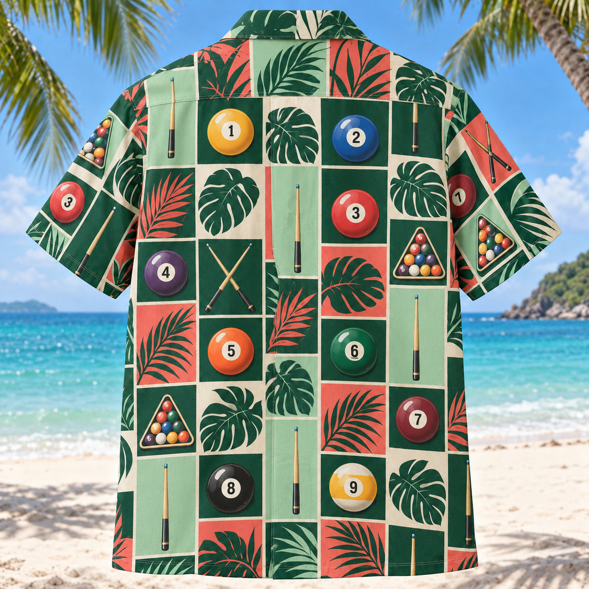 Back view of Tile Mosaic Billiards Hawaiian Shirt with matching billiards artwork in deep green, mint, coral, ivory