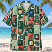Front view of Tile Mosaic Billiards Hawaiian Shirt with structured geometric tiles alternating numbered pool balls, plain cue sticks and simple racking triangles and minimal leaves