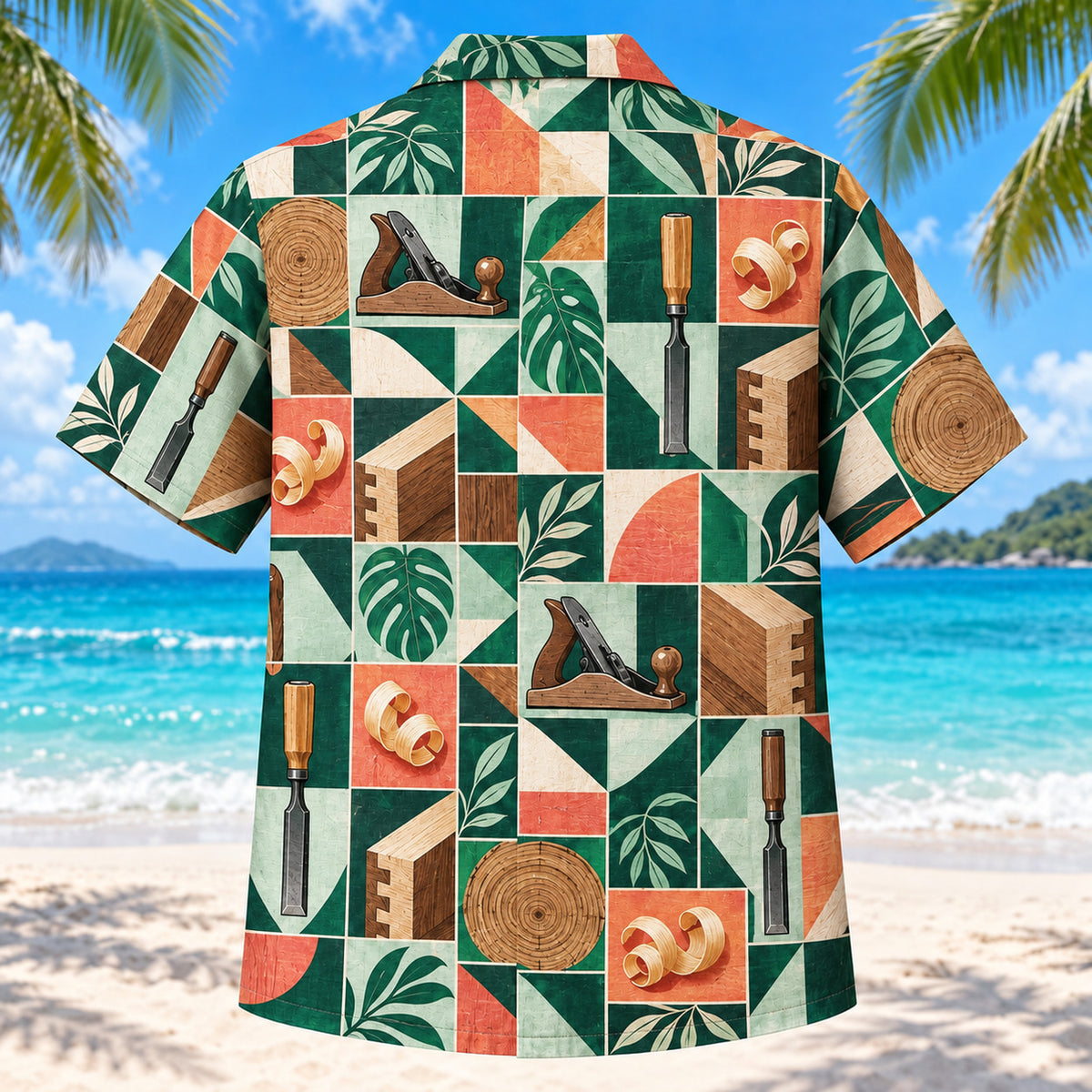 Back view of Tile Mosaic Carpenter Hawaiian Shirt with matching carpenter artwork in deep green, mint, coral, ivory