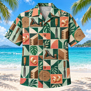 Front view of Tile Mosaic Carpenter Hawaiian Shirt with structured geometric tiles alternating vintage hand planes, chisels, wood joints, shavings and original wood grain and minimal leaves