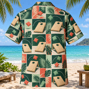 Back view of Tile Mosaic Cornhole Hawaiian Shirt with matching cornhole artwork in deep green, mint, coral, ivory