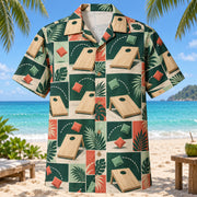 Front view of Tile Mosaic Cornhole Hawaiian Shirt with structured geometric tiles alternating plain wooden cornhole boards with circular holes, colorful fabric bean bags and toss arcs and minimal leaves