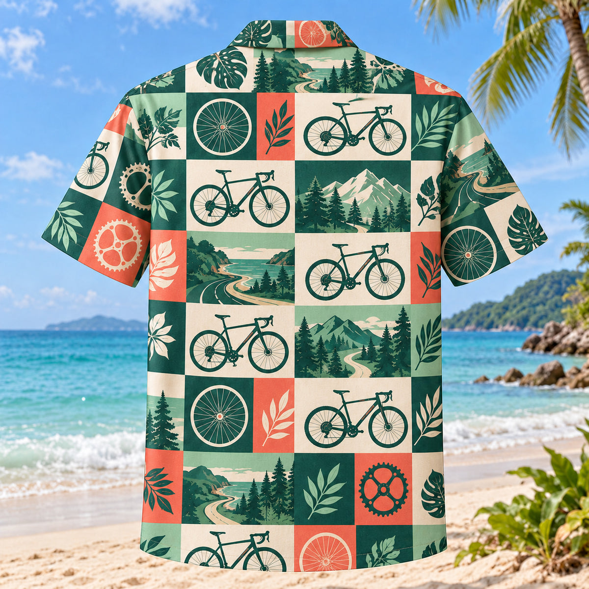 Back view of Tile Mosaic Cycling Hawaiian Shirt with matching cycling artwork in deep green, mint, coral, ivory