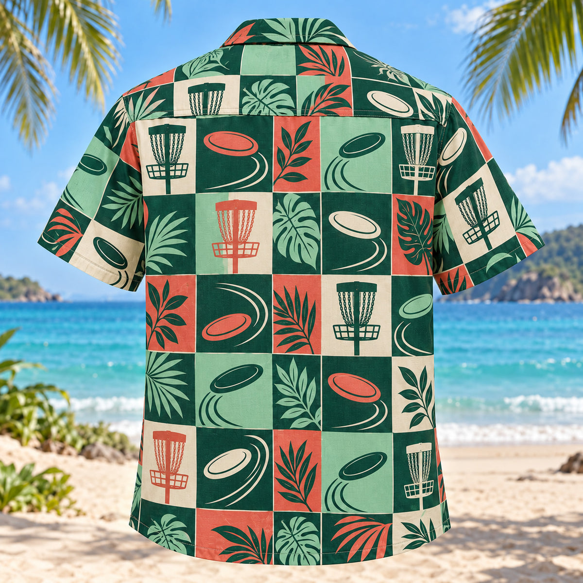 Back view of Tile Mosaic Disc Golf Hawaiian Shirt with matching disc golf artwork in deep green, mint, coral, ivory
