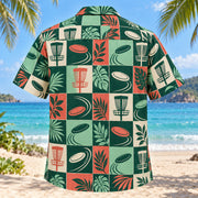 Back view of Tile Mosaic Disc Golf Hawaiian Shirt with matching disc golf artwork in deep green, mint, coral, ivory