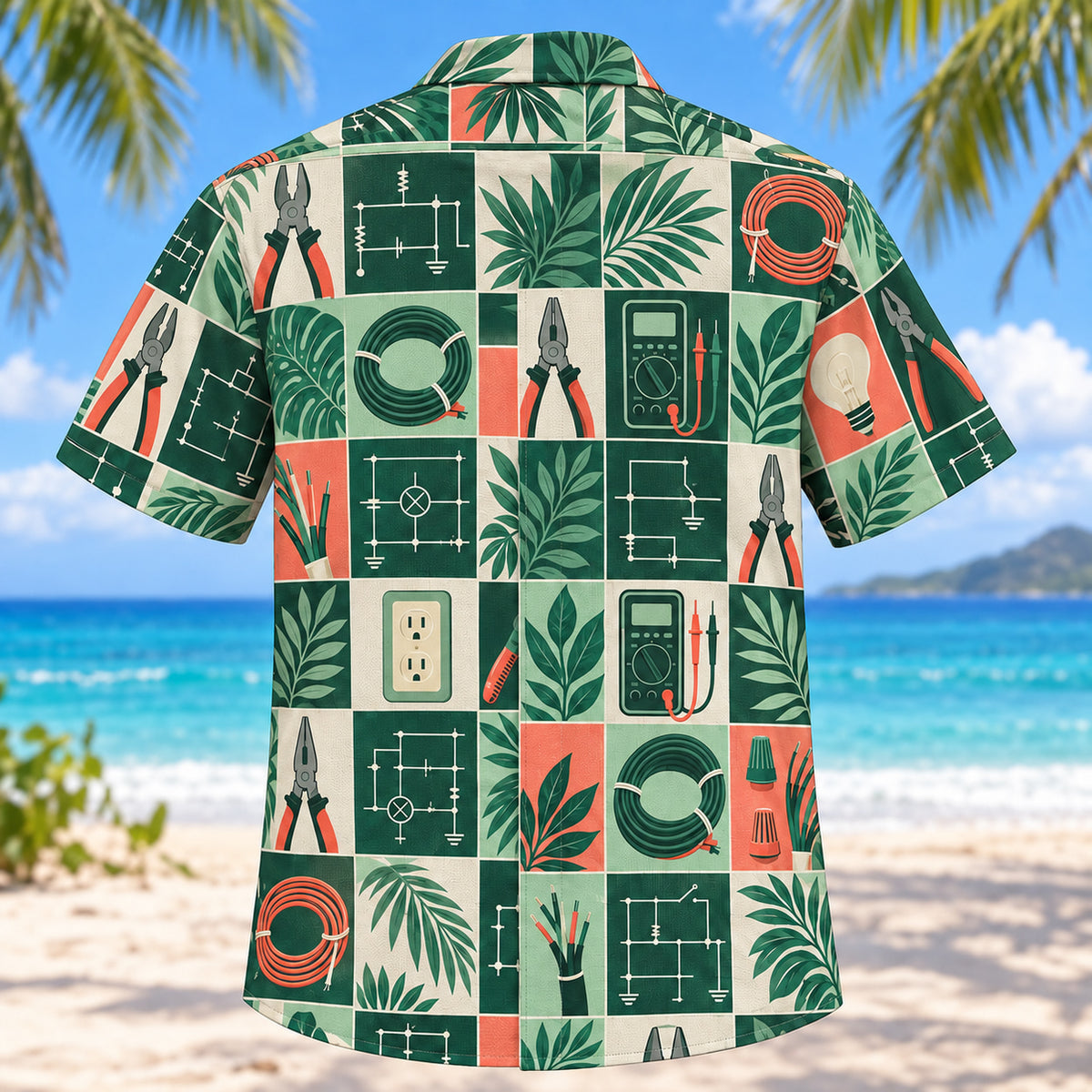Back view of Tile Mosaic Electrician Hawaiian Shirt with matching electrician artwork in deep green, mint, coral, ivory