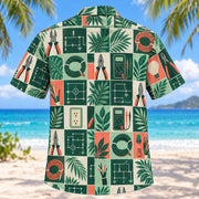 Back view of Tile Mosaic Electrician Hawaiian Shirt with matching electrician artwork in deep green, mint, coral, ivory