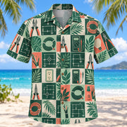 Front view of Tile Mosaic Electrician Hawaiian Shirt with structured geometric tiles alternating accurate pliers, wire, multimeters and original electrical diagrams and minimal leaves