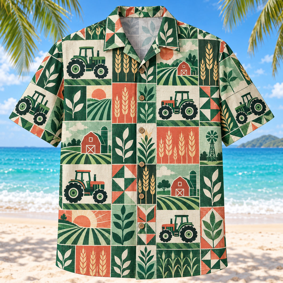 Tile Mosaic Farmer and Tractor Hawaiian Shirt