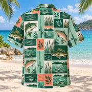 Back view of Tile Mosaic Freshwater Fishing Hawaiian Shirt with matching freshwater fishing artwork in deep green, mint, coral, ivory