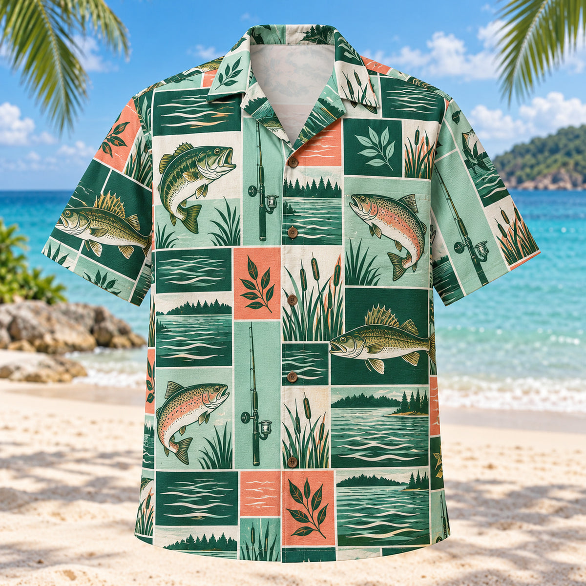Front view of Tile Mosaic Freshwater Fishing Hawaiian Shirt with structured geometric tiles alternating original bass, trout and walleye illustrations, plain rods, lake ripples and reeds and minimal leaves