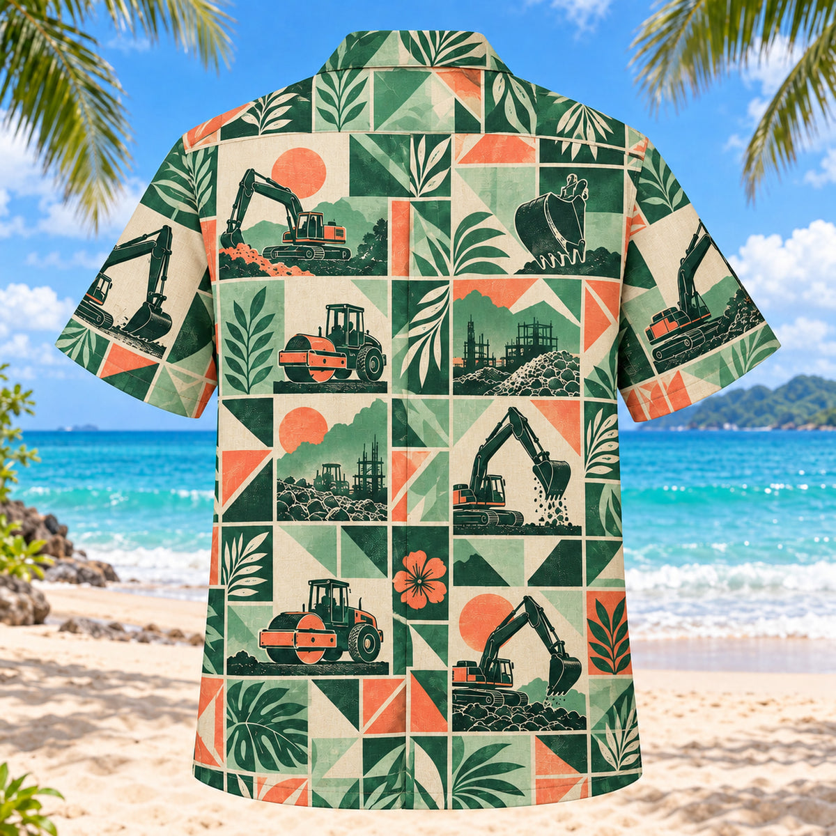 Back view of Tile Mosaic Heavy Equipment Operator Hawaiian Shirt with matching heavy equipment operator artwork in deep green, mint, coral, ivory
