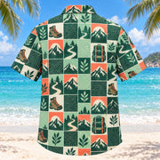 Back view of Tile Mosaic Hiking and Backpacking Hawaiian Shirt with matching hiking and backpacking artwork in deep green, mint, coral, ivory
