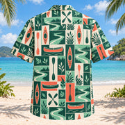 Back view of Tile Mosaic Kayak and Canoe Hawaiian Shirt with matching kayak and canoe artwork in deep green, mint, coral, ivory