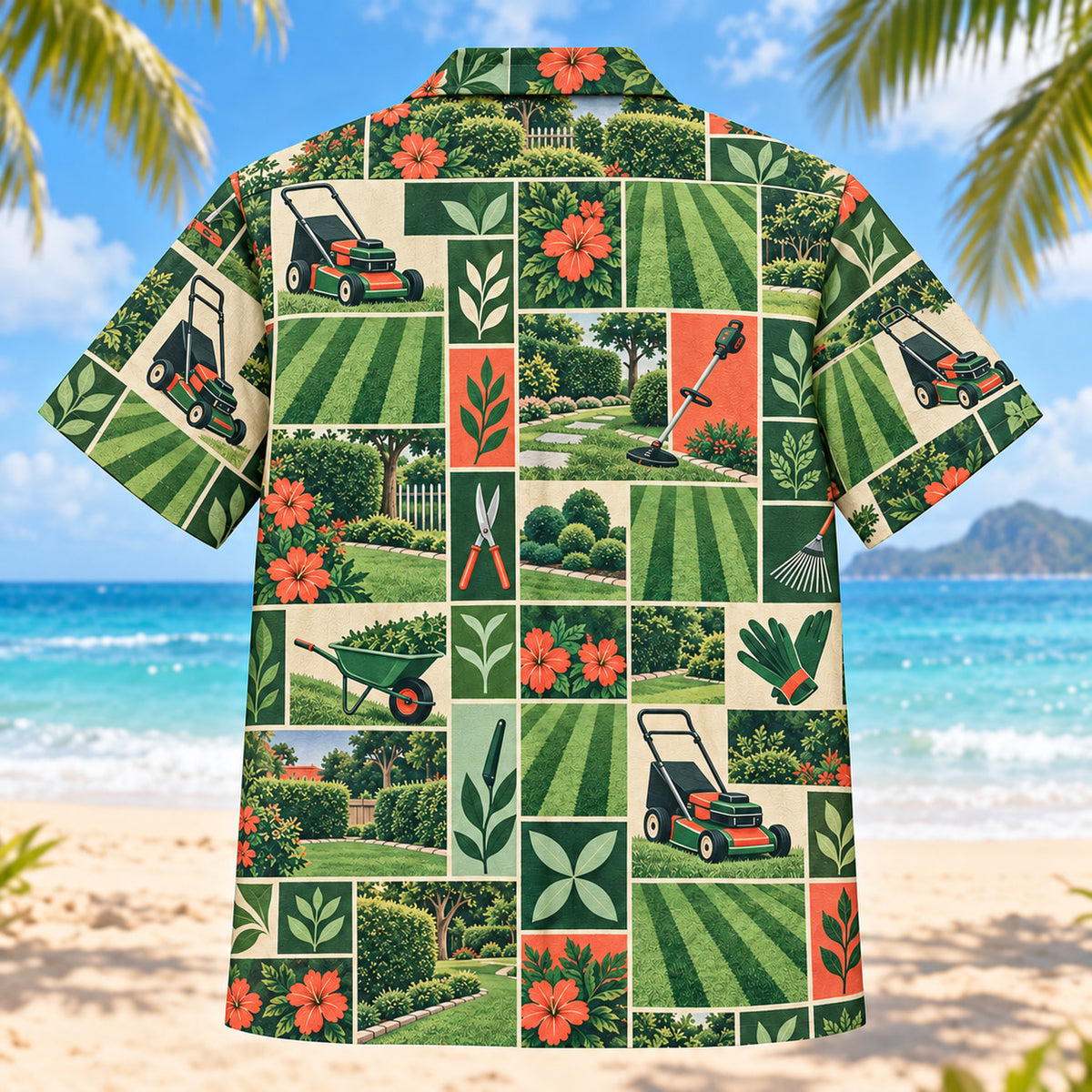 Back view of Tile Mosaic Landscaper Hawaiian Shirt with matching landscaper artwork in deep green, mint, coral, ivory