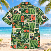 Back view of Tile Mosaic Landscaper Hawaiian Shirt with matching landscaper artwork in deep green, mint, coral, ivory