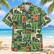 Front view of Tile Mosaic Landscaper Hawaiian Shirt with structured geometric tiles alternating generic lawn mowers, freshly cut turf stripes, trimming tools and original garden scenes and minimal leaves
