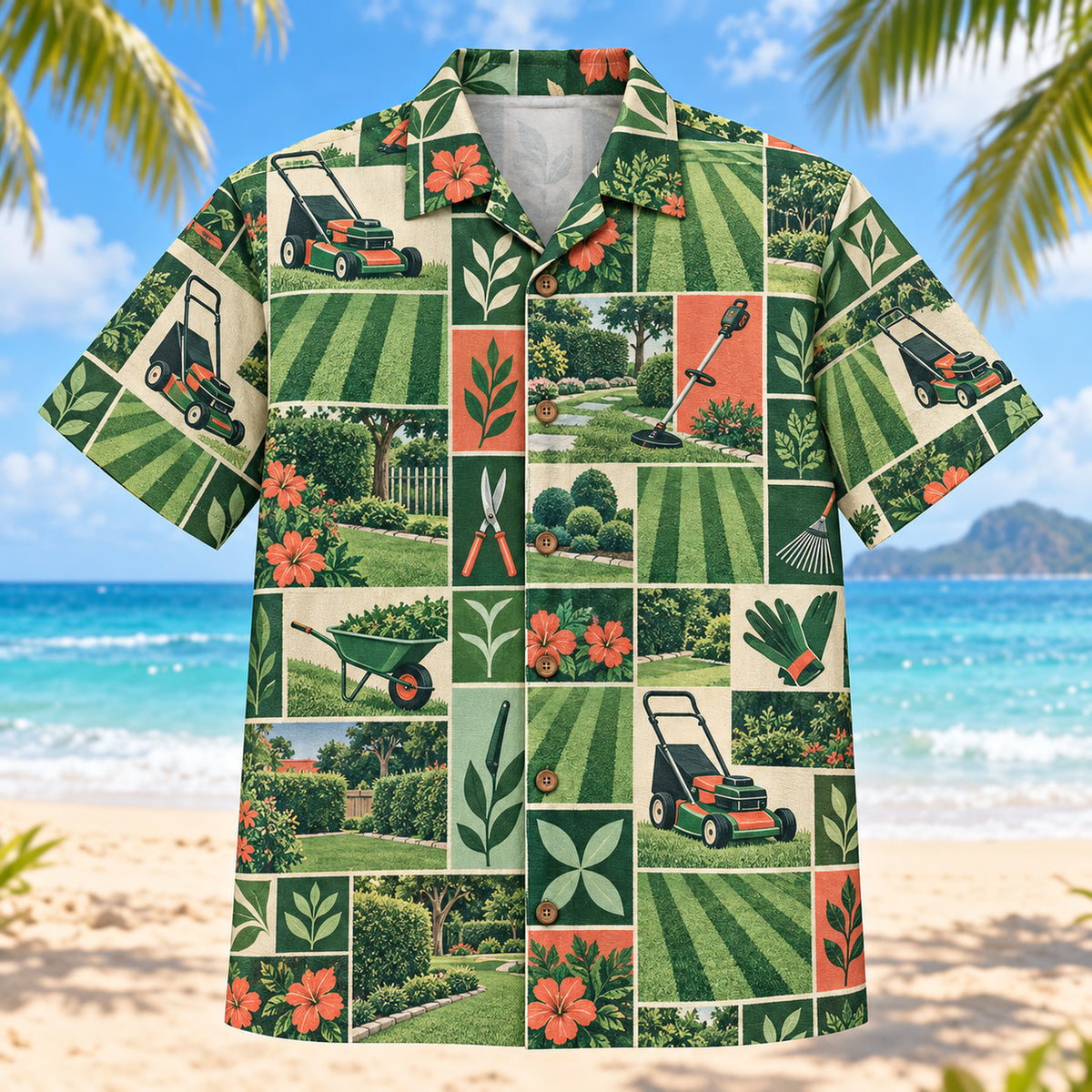 Front view of Tile Mosaic Landscaper Hawaiian Shirt with structured geometric tiles alternating generic lawn mowers, freshly cut turf stripes, trimming tools and original garden scenes and minimal leaves