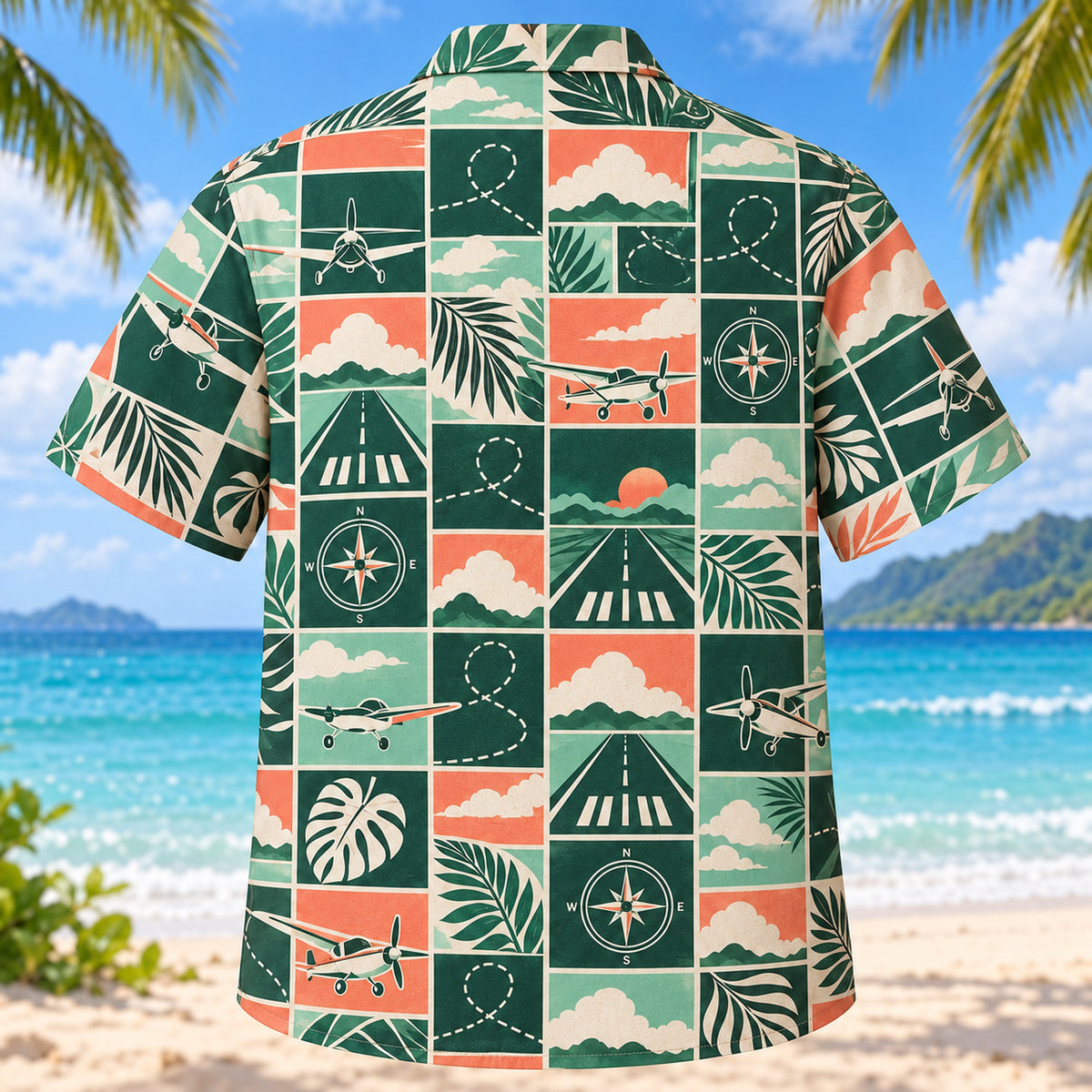 Back view of Tile Mosaic Pilot and Aviation Hawaiian Shirt with matching pilot and aviation artwork in deep green, mint, coral, ivory