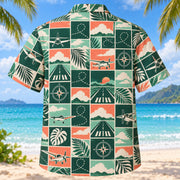 Back view of Tile Mosaic Pilot and Aviation Hawaiian Shirt with matching pilot and aviation artwork in deep green, mint, coral, ivory