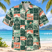 Front view of Tile Mosaic Pilot and Aviation Hawaiian Shirt with structured geometric tiles alternating unbranded civilian propeller planes, imaginary flight paths, clouds, compasses and runways and minimal leaves