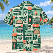 Back view of Tile Mosaic Pontoon Boating Hawaiian Shirt with matching pontoon boating artwork in deep green, mint, coral, ivory
