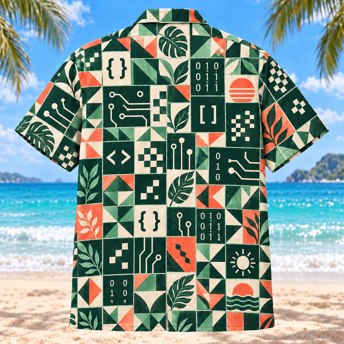 Back view of Tile Mosaic Programmer Hawaiian Shirt with matching programmer artwork in deep green, mint, coral, ivory