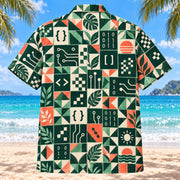 Back view of Tile Mosaic Programmer Hawaiian Shirt with matching programmer artwork in deep green, mint, coral, ivory