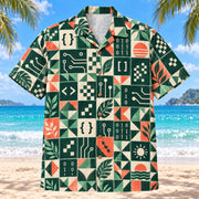 Front view of Tile Mosaic Programmer Hawaiian Shirt with structured geometric tiles alternating original brackets, readable self-written pseudocode, binary patterns, pixels and invented debugging symbols and minimal leaves