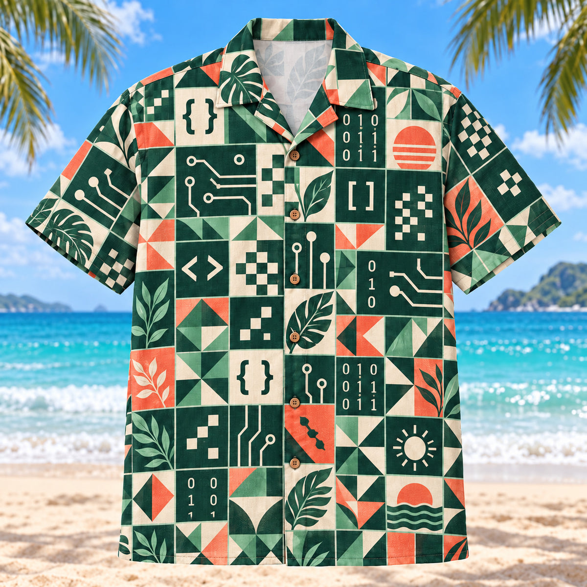 Front view of Tile Mosaic Programmer Hawaiian Shirt with structured geometric tiles alternating original brackets, readable self-written pseudocode, binary patterns, pixels and invented debugging symbols and minimal leaves