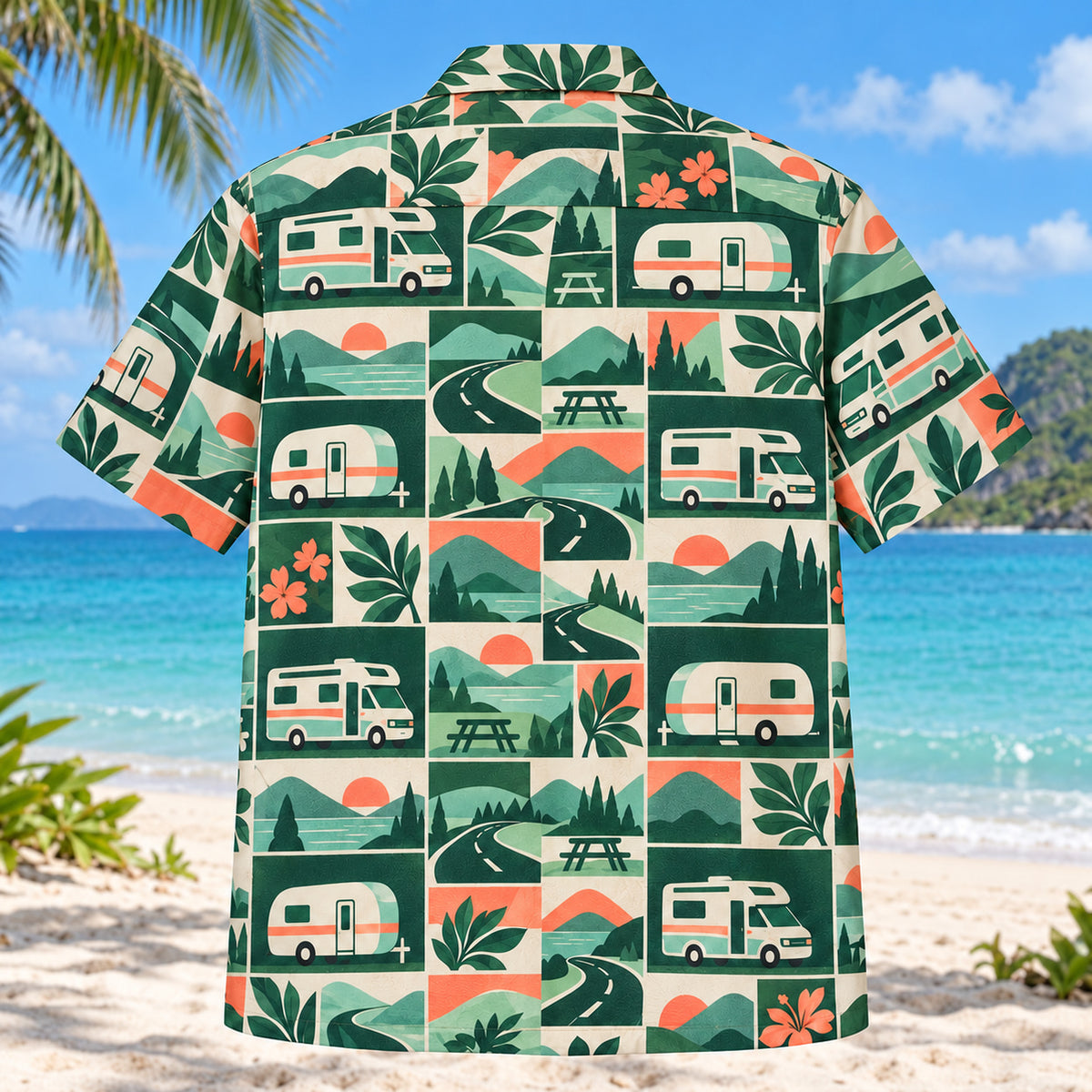 Back view of Tile Mosaic RV and Travel Trailer Hawaiian Shirt with matching rv and travel trailer artwork in deep green, mint, coral, ivory